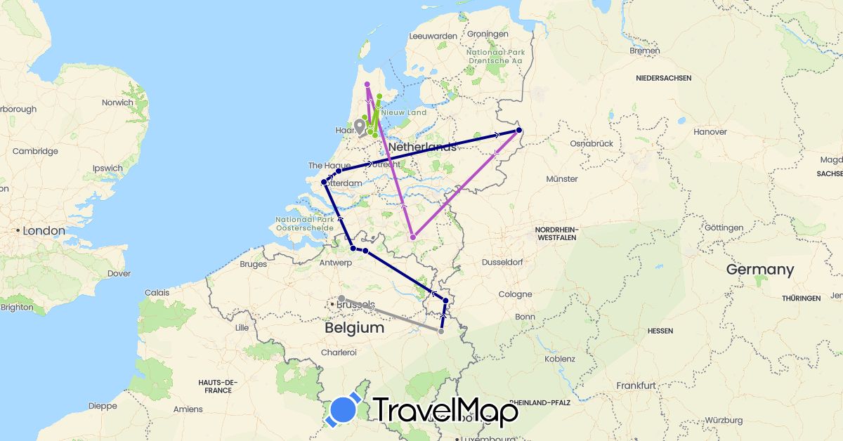 TravelMap itinerary: driving, plane, train, electric vehicle in Belgium, Netherlands (Europe)